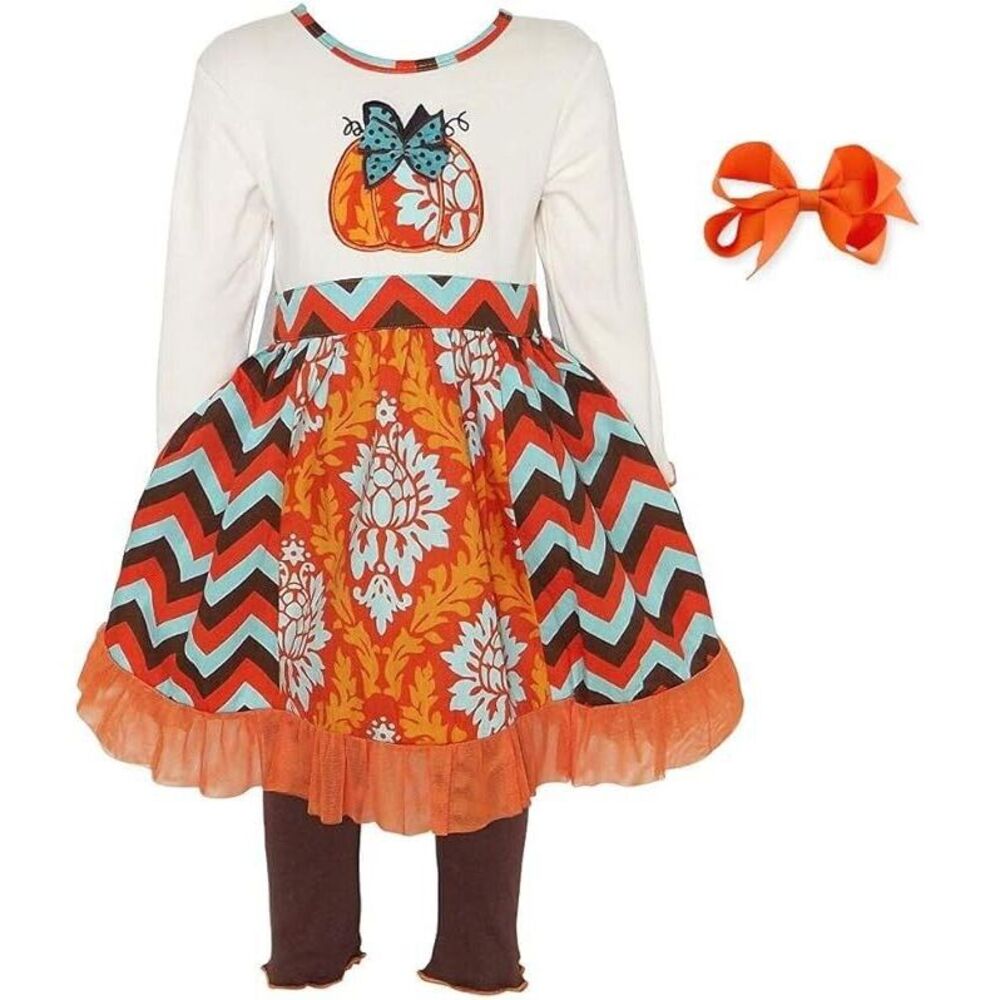 Ann Loren BNWT Girl's Thanksgiving Outfit Chevron Pumpkin‎ Dress Size 4-5